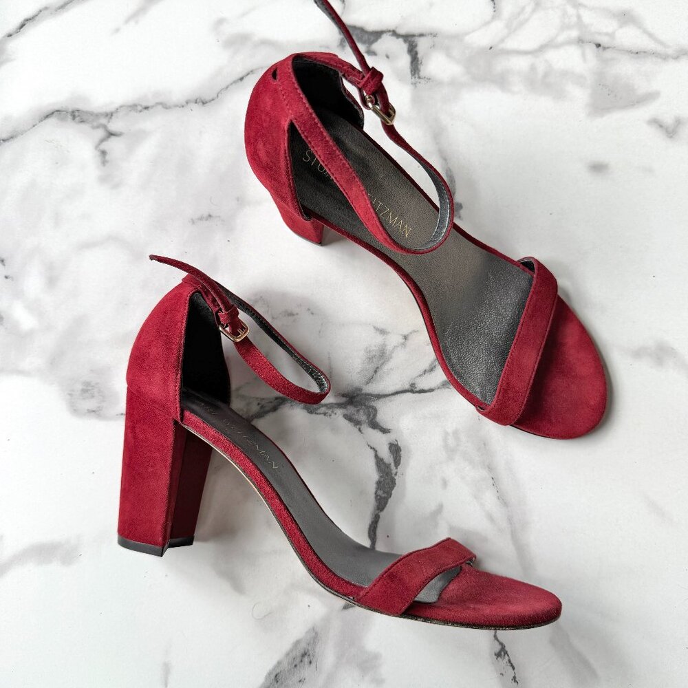 Stuart Weitzman Nearly Nude Red Suede Block Heel Sandals Size 9